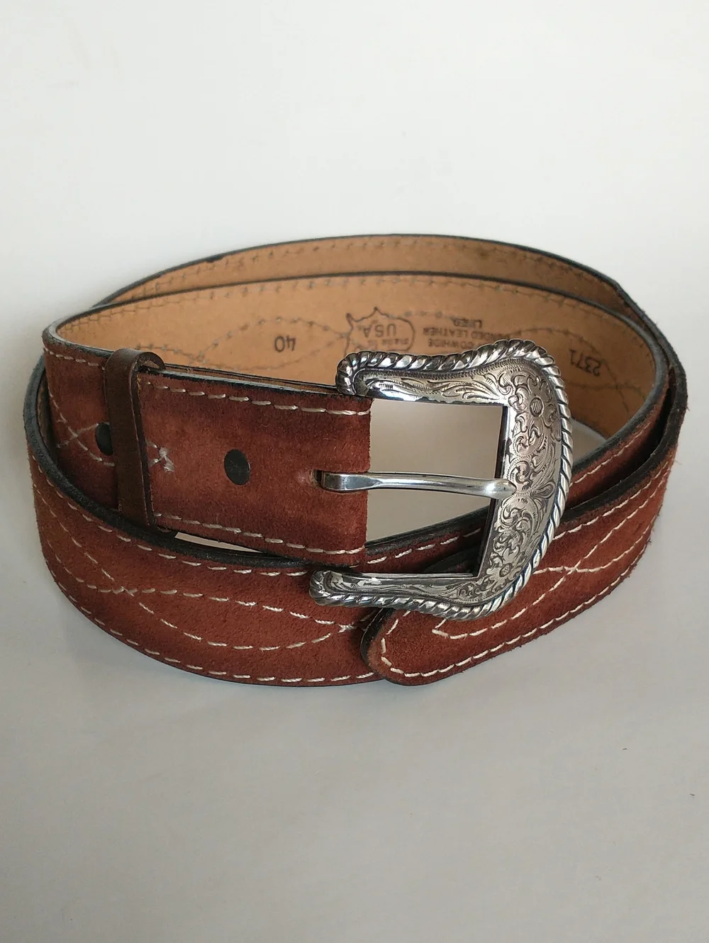 Brown Bonded Leather/ Suede Men’s Belt with Decorative Silver Buckle